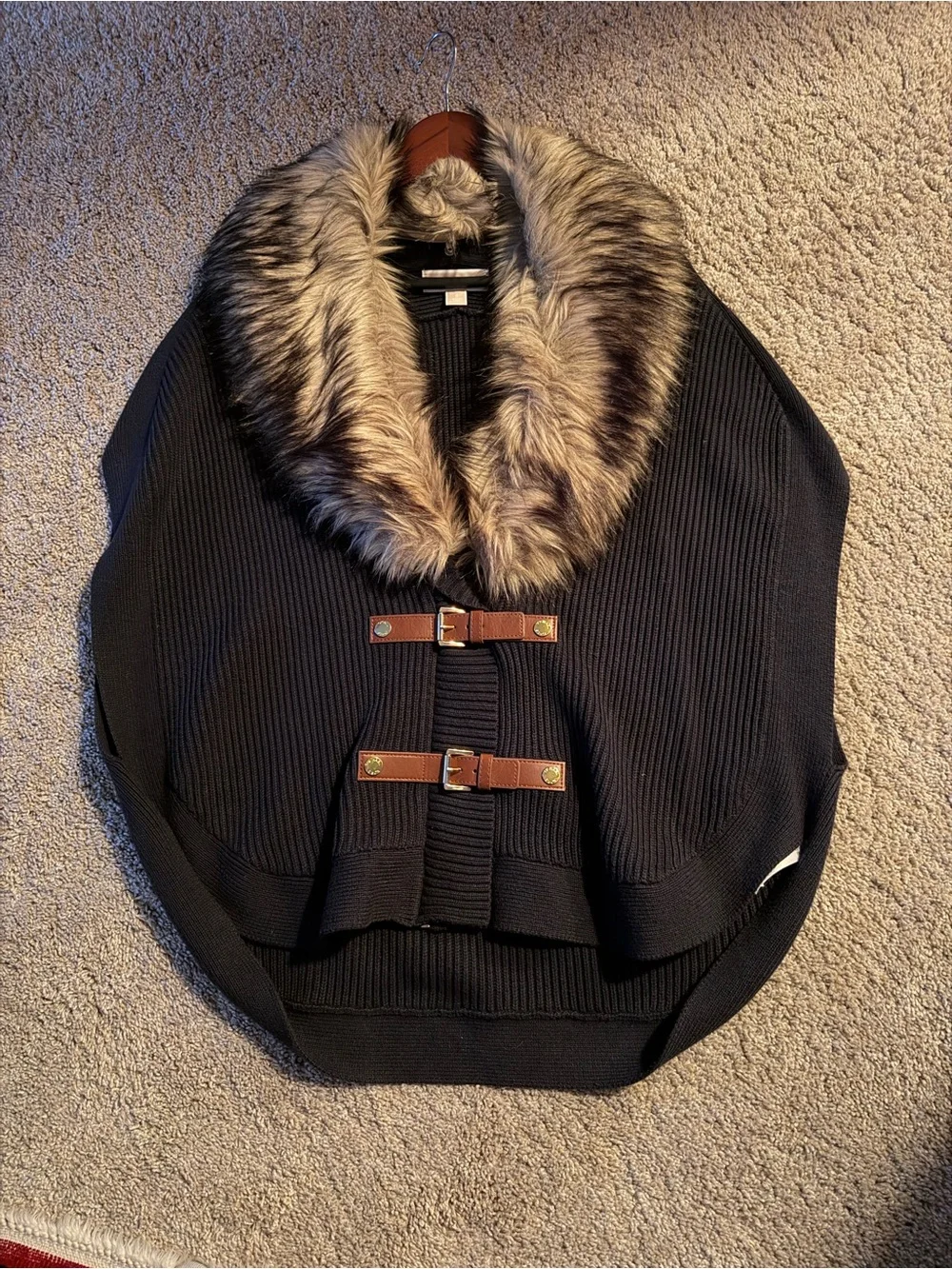 Michael Kors Black Cardigan with Faux Fur Collar and Leather Strap Details